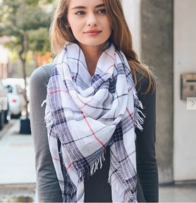 Women's Fall Winter Classic Frayed Check Scarf White - tuttostyle4u