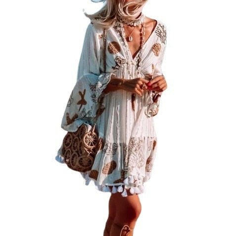 Women starfish flower print long sleeve v-neck beach Bohemian dress tassel - tuttostyle4u