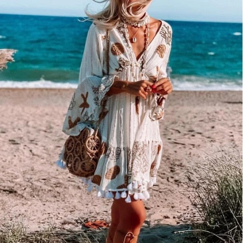 Women starfish flower print long sleeve v-neck beach Bohemian dress tassel - tuttostyle4u