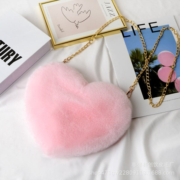 Cellphone Purse Plush Heart Shaped Crossbody Bag with Chain Cute Fluffy Shoulder Bag for Women - tuttostyle4u