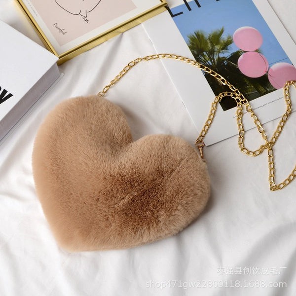 Cellphone Purse Plush Heart Shaped Crossbody Bag with Chain Cute Fluffy Shoulder Bag for Women - tuttostyle4u