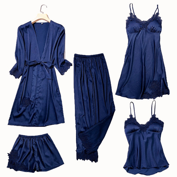 Women's Silk Satin Pajama Set Cami Top Nightgown Lace Night Robe Sexy Sleepwear Robe Sets Nightdresstin Lace 5pcs Pajamas Set - tuttostyle4u