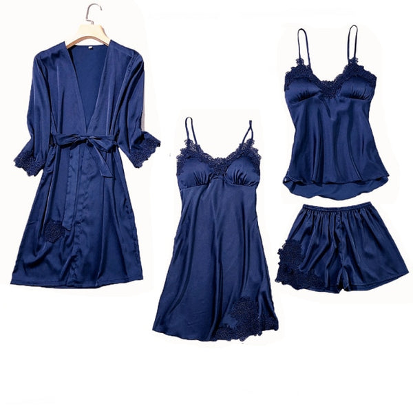 Women's Silk Satin Pajama Set Cami Top Nightgown Lace Night Robe Sexy Sleepwear Robe Sets Nightdresstin Lace 5pcs Pajamas Set - tuttostyle4u
