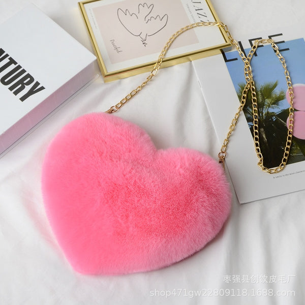 Cellphone Purse Plush Heart Shaped Crossbody Bag with Chain Cute Fluffy Shoulder Bag for Women - tuttostyle4u