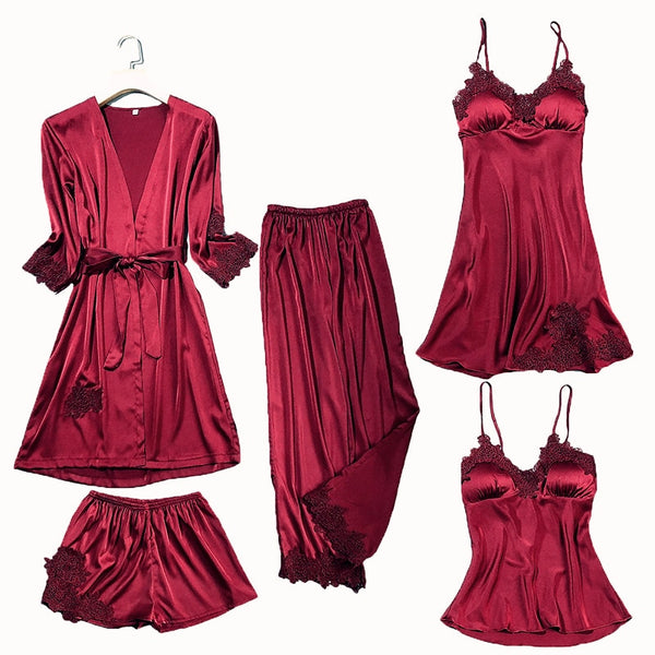 Women's Silk Satin Pajama Set Cami Top Nightgown Lace Night Robe Sexy Sleepwear Robe Sets Nightdresstin Lace 5pcs Pajamas Set - tuttostyle4u