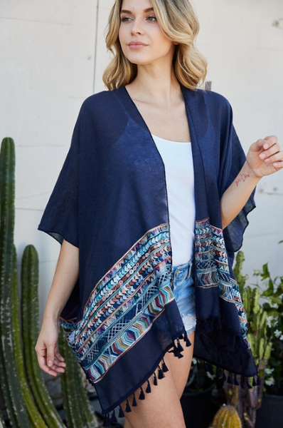 Kimono Embroidered Trim with Tassels - tuttostyle4u