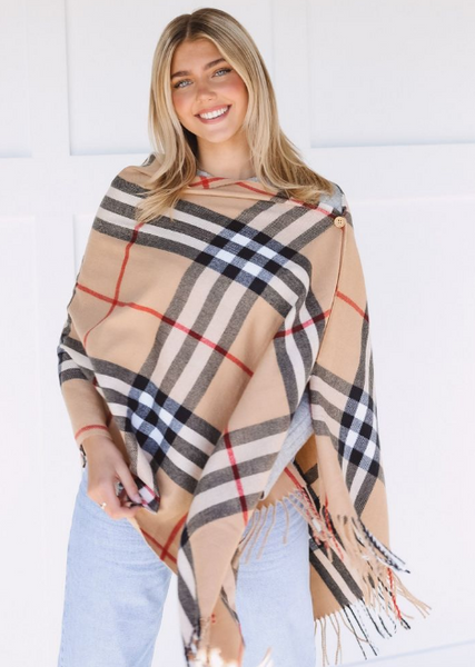 Ruana Plaid Blanket Scarf w/Buttons Women’s Large Shawl or Wrap Beige - tuttostyle4u