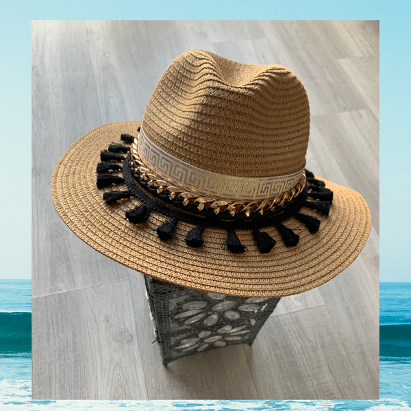 Santorini Straw Hat Handmade with tassels black - tuttostyle4u