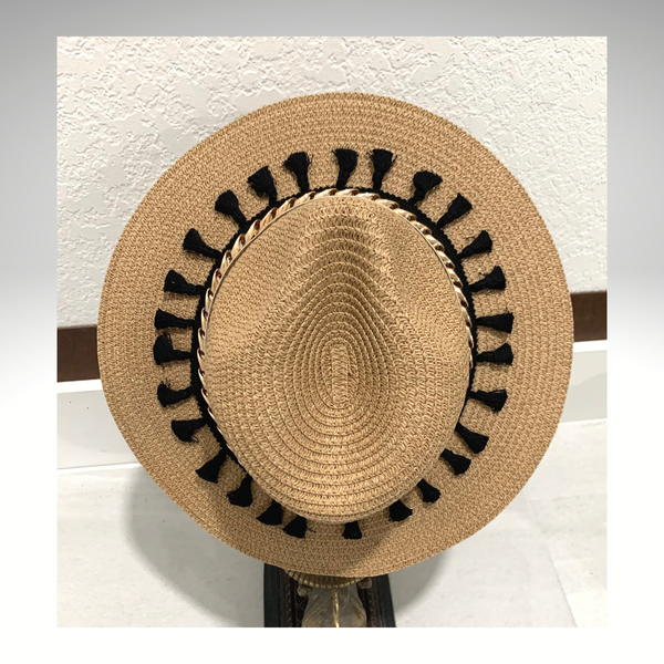 Santorini Straw Hat Handmade with tassels black - tuttostyle4u