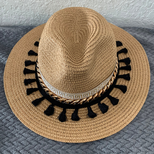 Santorini Straw Hat Handmade with tassels black - tuttostyle4u