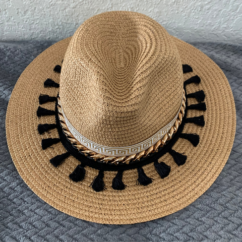 Santorini Straw Hat Handmade with tassels black - tuttostyle4u