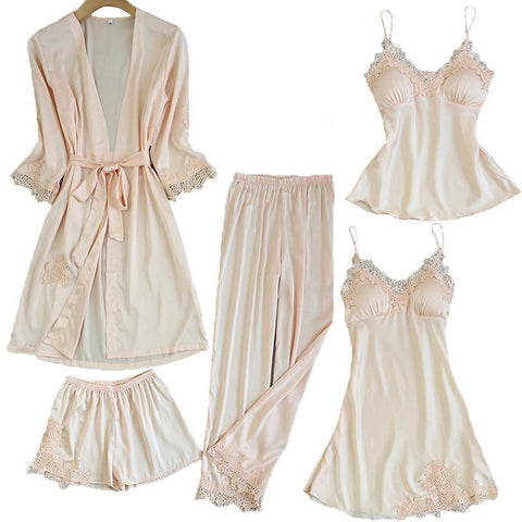 Women's Silk Satin Pajama Set Cami Top Nightgown Lace Night Robe Sexy Sleepwear Robe Sets Nightdresstin Lace 5pcs Pajamas Set - tuttostyle4u