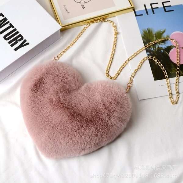 Cellphone Purse Plush Heart Shaped Crossbody Bag with Chain Cute Fluffy Shoulder Bag for Women - tuttostyle4u