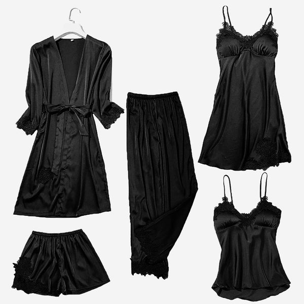 Women's Silk Satin Pajama Set Cami Top Nightgown Lace Night Robe Sexy Sleepwear Robe Sets Nightdresstin Lace 5pcs Pajamas Set - tuttostyle4u