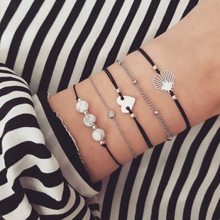 Bohemia Bracelet Set Silver Tone Black Heart Shell - tuttostyle4u