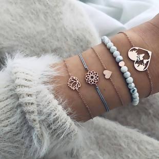 Bohemia Bracelet Set Gold Plated Steel Gray Lotus Flower Heart 5 pcs - tuttostyle4u