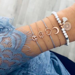 Bohemia Bracelet Set Gold Plated Blue Heart, Moon, lotus 5 pcs set - tuttostyle4u