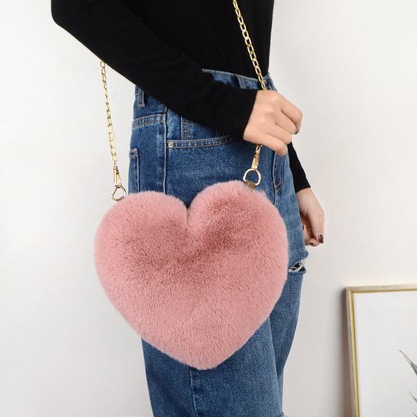 Cellphone Purse Plush Heart Shaped Crossbody Bag with Chain Cute Fluffy Shoulder Bag for Women - tuttostyle4u
