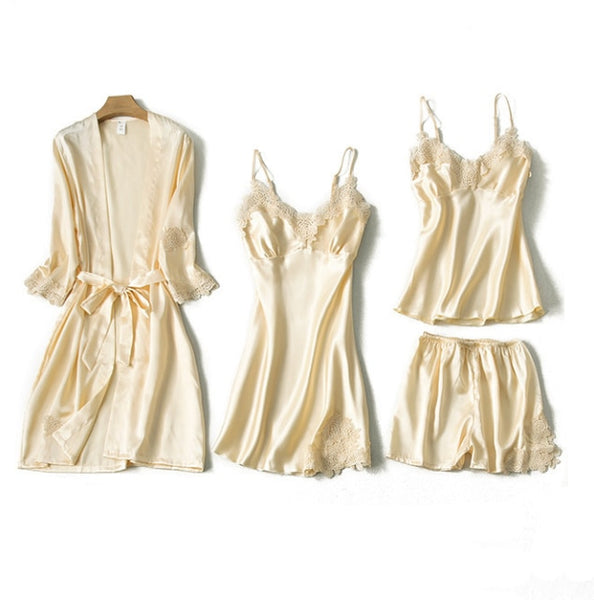 Women's Silk Satin Pajama Set Cami Top Nightgown Lace Night Robe Sexy Sleepwear Robe Sets Nightdresstin Lace 5pcs Pajamas Set - tuttostyle4u