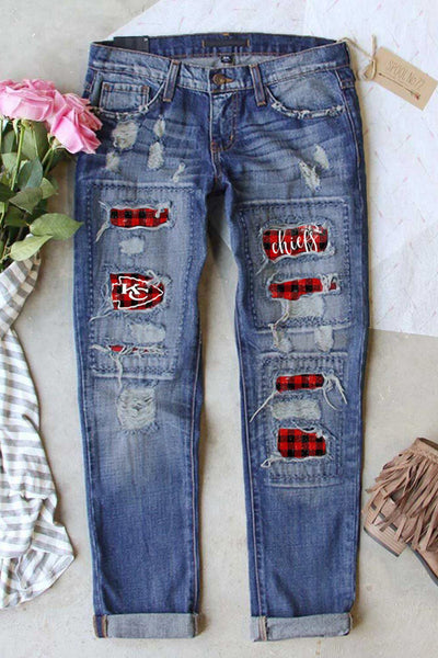 Vintage Plaid Print Patches Mid-waist Jeans - tuttostyle4u