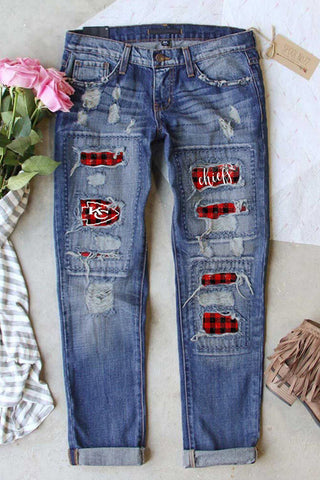 Vintage Plaid Print Patches Mid-waist Jeans - tuttostyle4u
