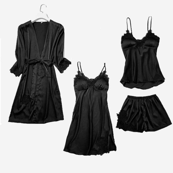 Women's Silk Satin Pajama Set Cami Top Nightgown Lace Night Robe Sexy Sleepwear Robe Sets Nightdresstin Lace 5pcs Pajamas Set - tuttostyle4u