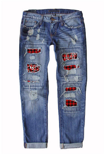 Vintage Plaid Print Patches Mid-waist Jeans - tuttostyle4u