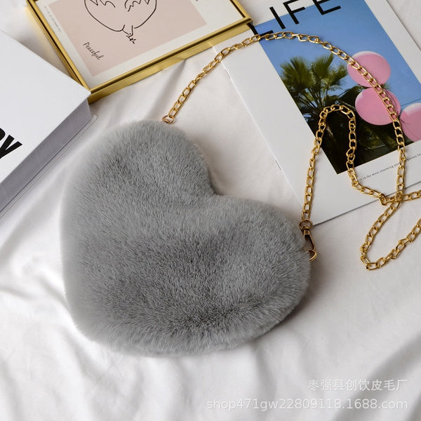 Cellphone Purse Plush Heart Shaped Crossbody Bag with Chain Cute Fluffy Shoulder Bag for Women - tuttostyle4u