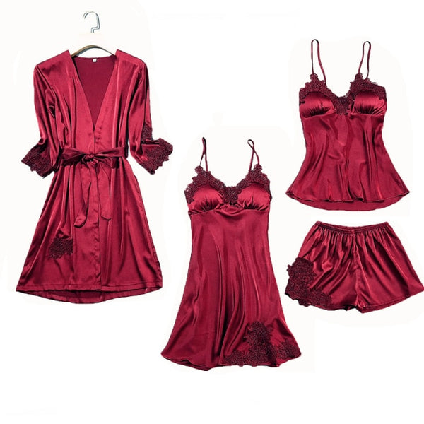 Women's Silk Satin Pajama Set Cami Top Nightgown Lace Night Robe Sexy Sleepwear Robe Sets Nightdresstin Lace 5pcs Pajamas Set - tuttostyle4u