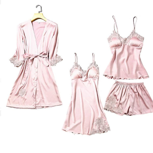 Women's Silk Satin Pajama Set Cami Top Nightgown Lace Night Robe Sexy Sleepwear Robe Sets Nightdresstin Lace 5pcs Pajamas Set - tuttostyle4u