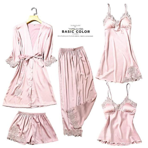 Women's Silk Satin Pajama Set Cami Top Nightgown Lace Night Robe Sexy Sleepwear Robe Sets Nightdresstin Lace 5pcs Pajamas Set - tuttostyle4u