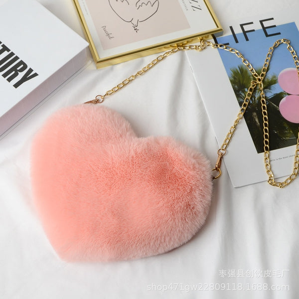 Cellphone Purse Plush Heart Shaped Crossbody Bag with Chain Cute Fluffy Shoulder Bag for Women - tuttostyle4u