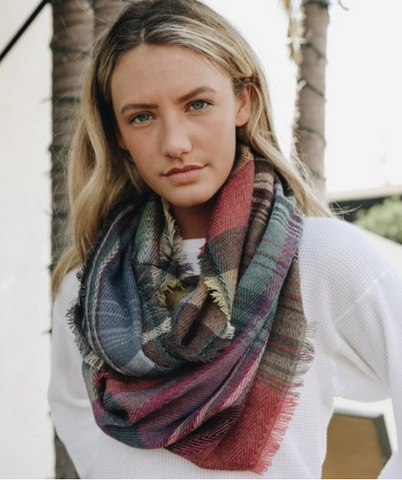 Women's Fall Winter Multicolor Plaid Scarf Fuchsia - tuttostyle4u