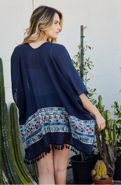 Kimono Embroidered Trim with Tassels - tuttostyle4u
