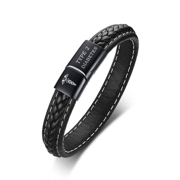 Leather TYPE 1  DIABETES Medical Alert Bracelet Black - tuttostyle4u