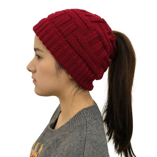 Ponytail Beanie Hat Woolen Stretch Crochet - tuttostyle4u
