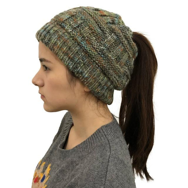 Ponytail Beanie Hat Woolen Stretch Crochet - tuttostyle4u
