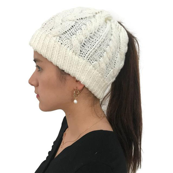 Ponytail Beanie Hat Woolen Stretch Crochet - tuttostyle4u