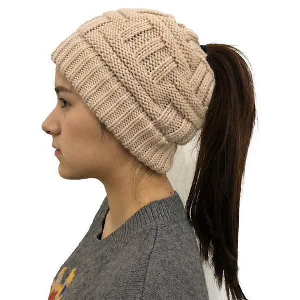 Ponytail Beanie Hat Woolen Stretch Crochet - tuttostyle4u