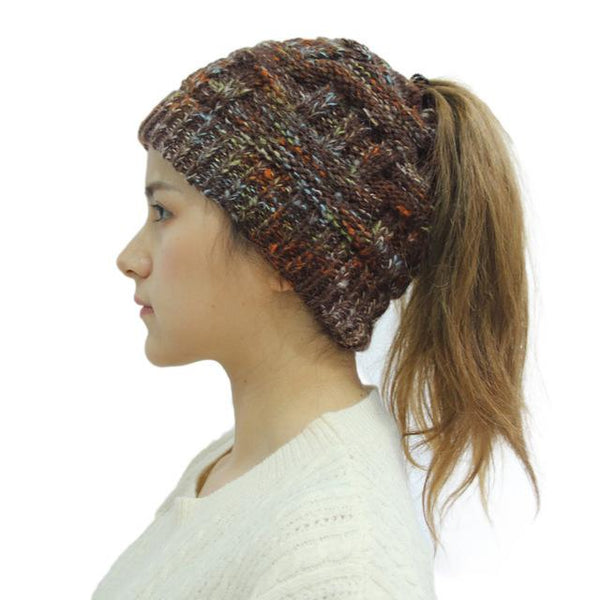 Ponytail Beanie Hat Woolen Stretch Crochet - tuttostyle4u