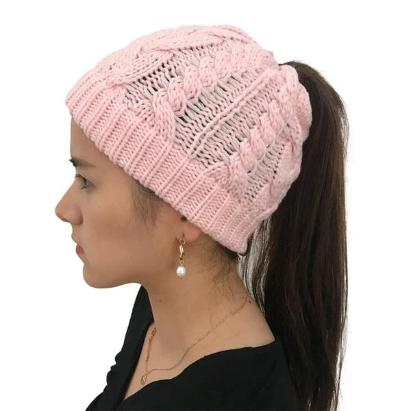 Ponytail Beanie Hat Woolen Stretch Crochet - tuttostyle4u