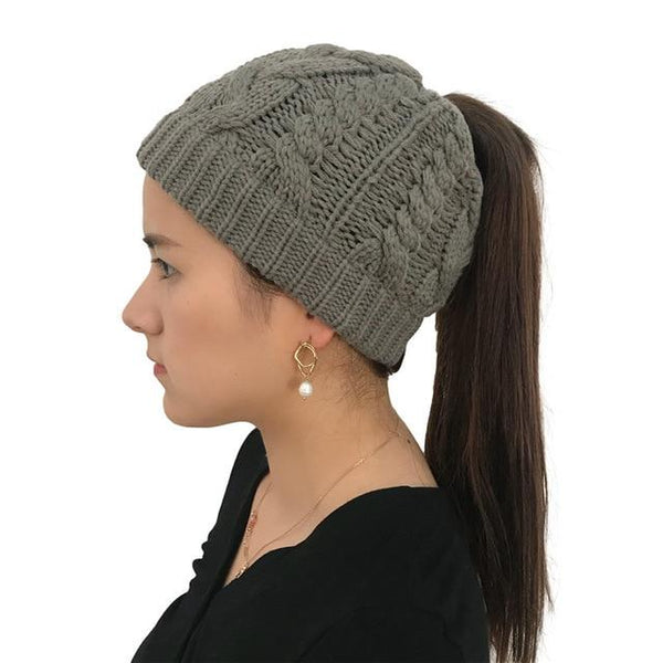 Ponytail Beanie Hat Woolen Stretch Crochet - tuttostyle4u