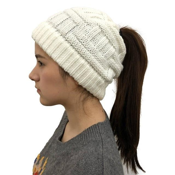 Ponytail Beanie Hat Woolen Stretch Crochet - tuttostyle4u