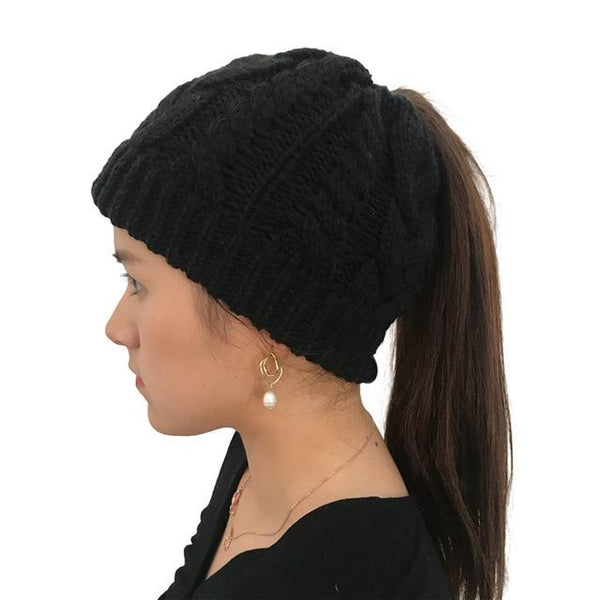 Ponytail Beanie Hat Woolen Stretch Crochet - tuttostyle4u