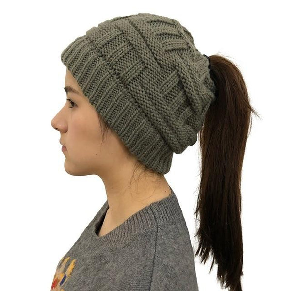 Ponytail Beanie Hat Woolen Stretch Crochet - tuttostyle4u