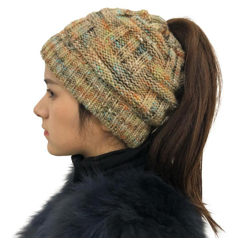 Ponytail Beanie Hat Woolen Stretch Crochet - tuttostyle4u