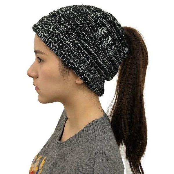 Ponytail Beanie Hat Woolen Stretch Crochet - tuttostyle4u