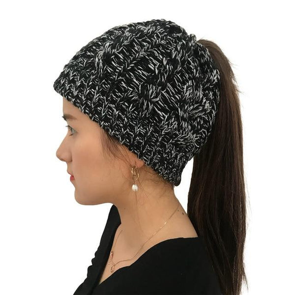 Ponytail Beanie Hat Woolen Stretch Crochet - tuttostyle4u