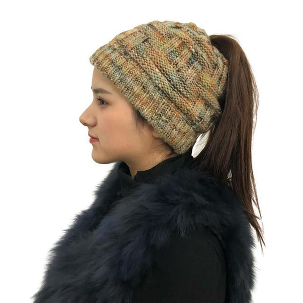 Ponytail Beanie Hat Woolen Stretch Crochet - tuttostyle4u