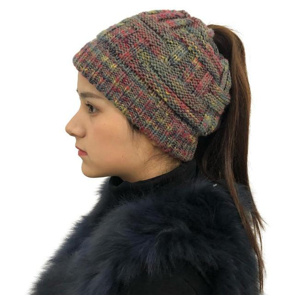 Ponytail Beanie Hat Woolen Stretch Crochet - tuttostyle4u